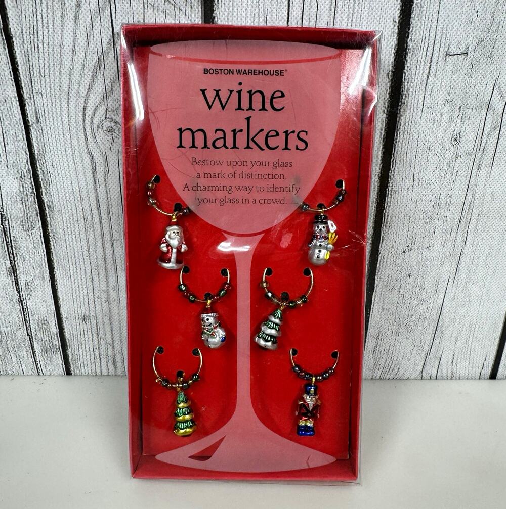 Boston Warehouse Reusable Metal Wine Glass Markers 6pk Christmas Santa Set